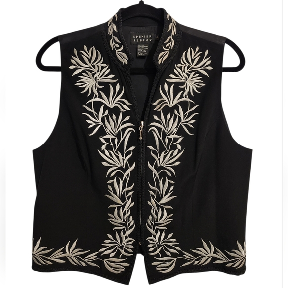 Spenser Jeremy Jackets & Blazers - Spenser Jeremy Embroidered Silk Vest, Womens Zip Up Black Silk Vest, Size Large